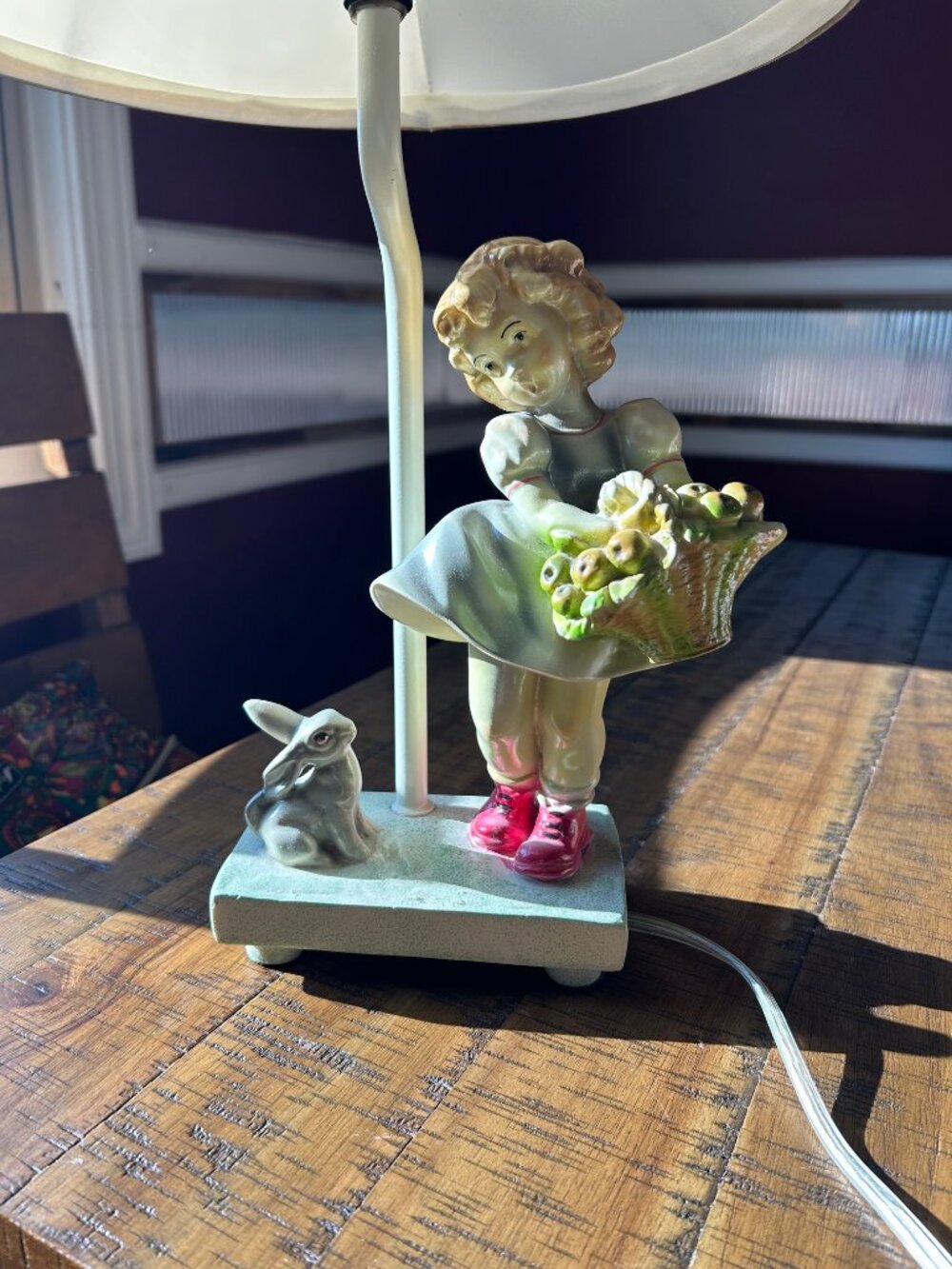 Vintage Apple Basket  Girl & Rabbit Table   Lamp  ceramic    girl holding basket - Picture 2 of 12